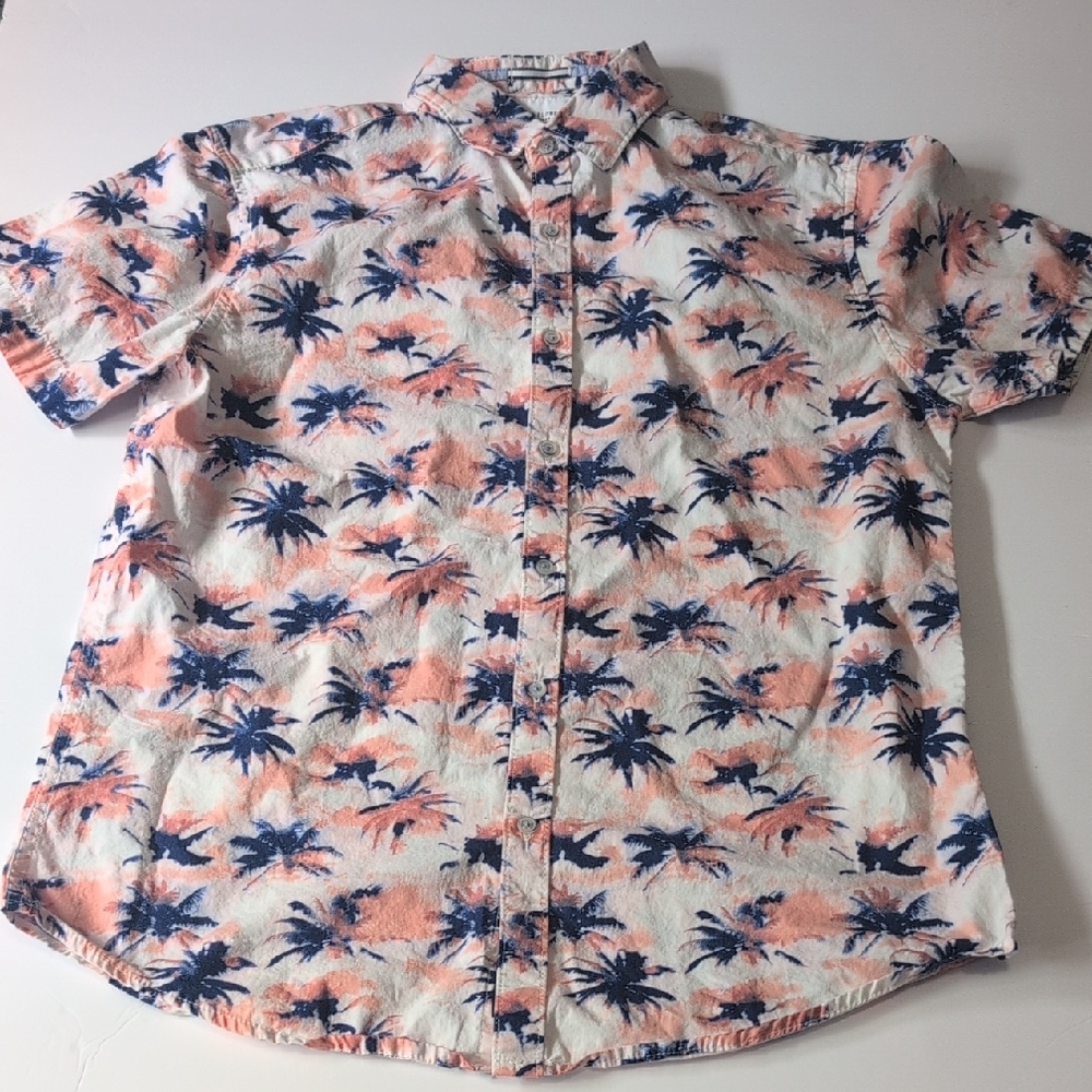 Denim & Flower Palm Print Casual Shirt in Navy and Peach